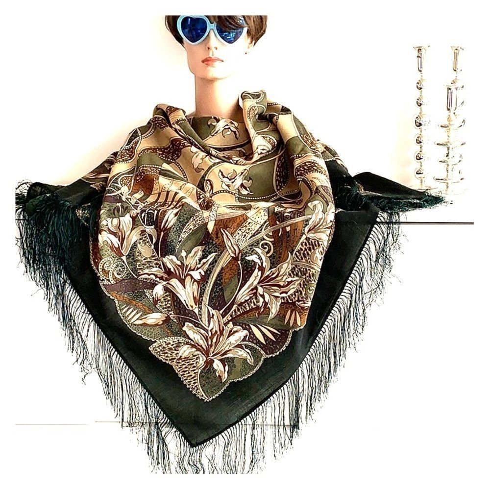 Huge Russian light wool floral fringed shawl mint